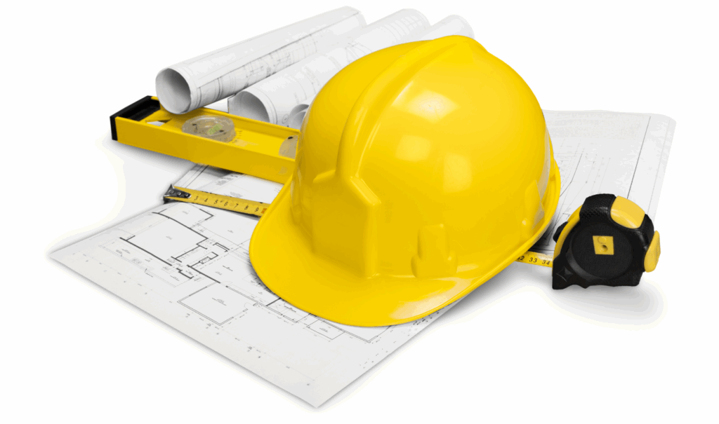 Casco de seguridad y planos de construcción
